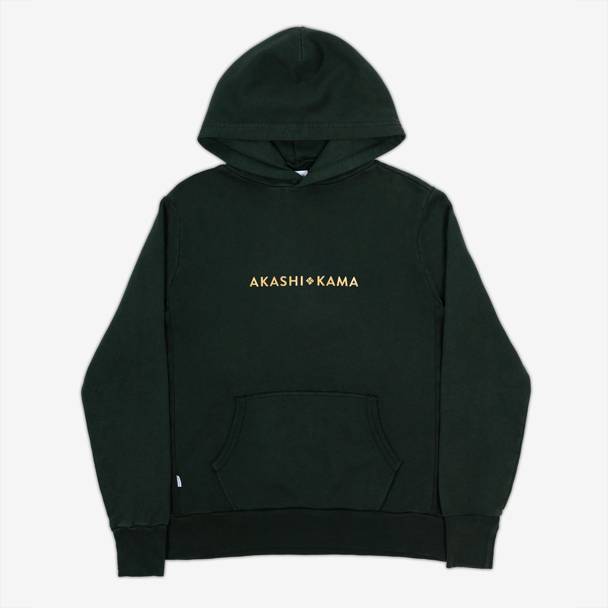 AKASHI-KAMA Metallic Stamped Hoodie in Nori Green with gold 3D texture chest logo