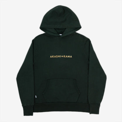 AKASHI-KAMA Metallic Stamped Hoodie in Nori Green with gold 3D texture chest logo