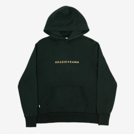 AKASHI-KAMA Metallic Stamped Hoodie in Nori Green with gold 3D texture chest logo