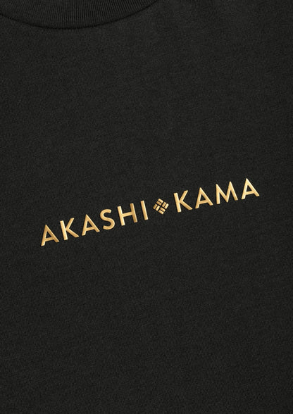 Metallic gold 3D silicon stamped logo on AKASHI-KAMA Charcoal tee