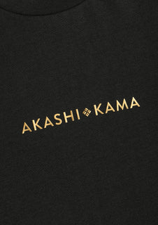 Metallic gold 3D silicon stamped logo on AKASHI-KAMA Charcoal tee
