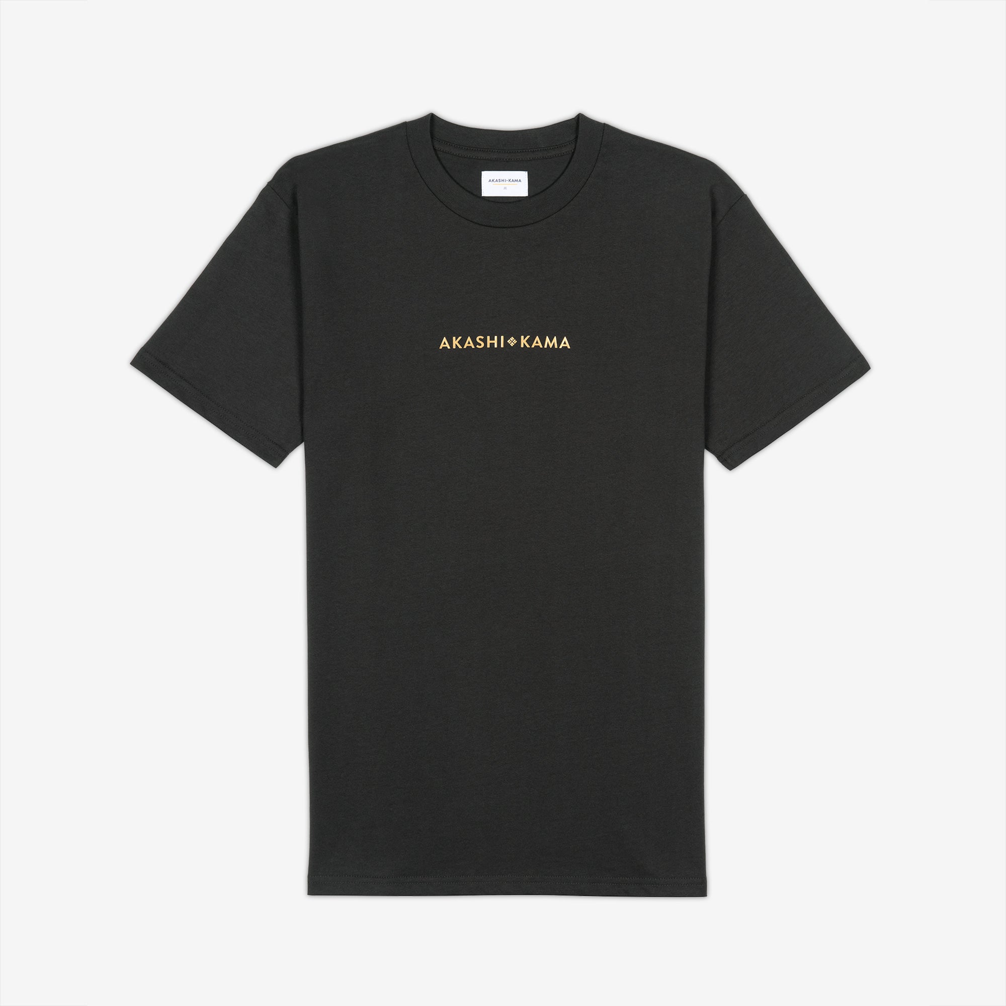 AKASHI-KAMA Metallic Stamped Tee in Charcoal with gold 3D texture chest logo