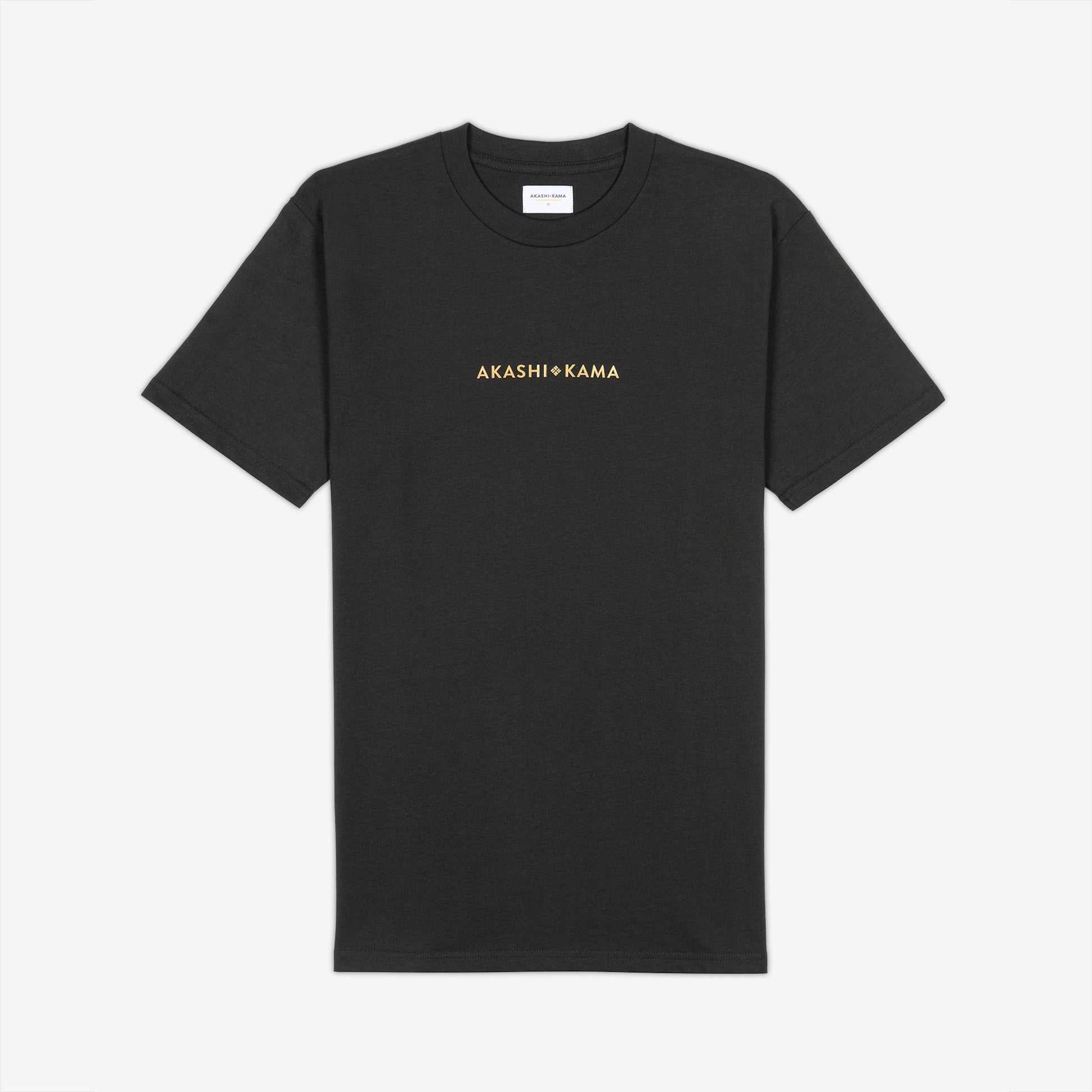 AKASHI-KAMA Metallic Stamped Tee in Charcoal with gold 3D texture chest logo