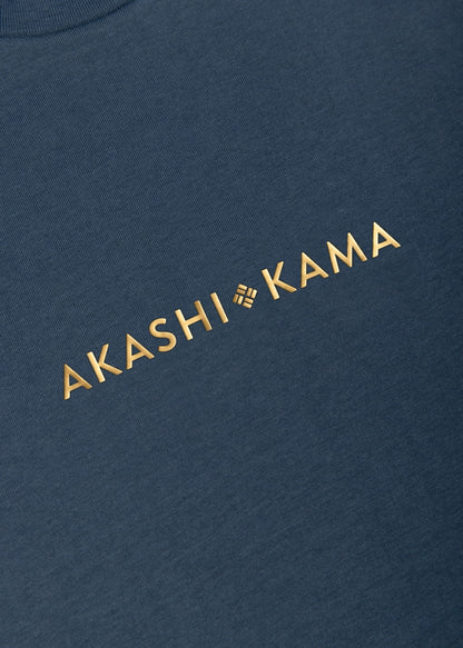 Metallic gold 3D silicon stamped logo on AKASHI-KAMA Koi Blue tee