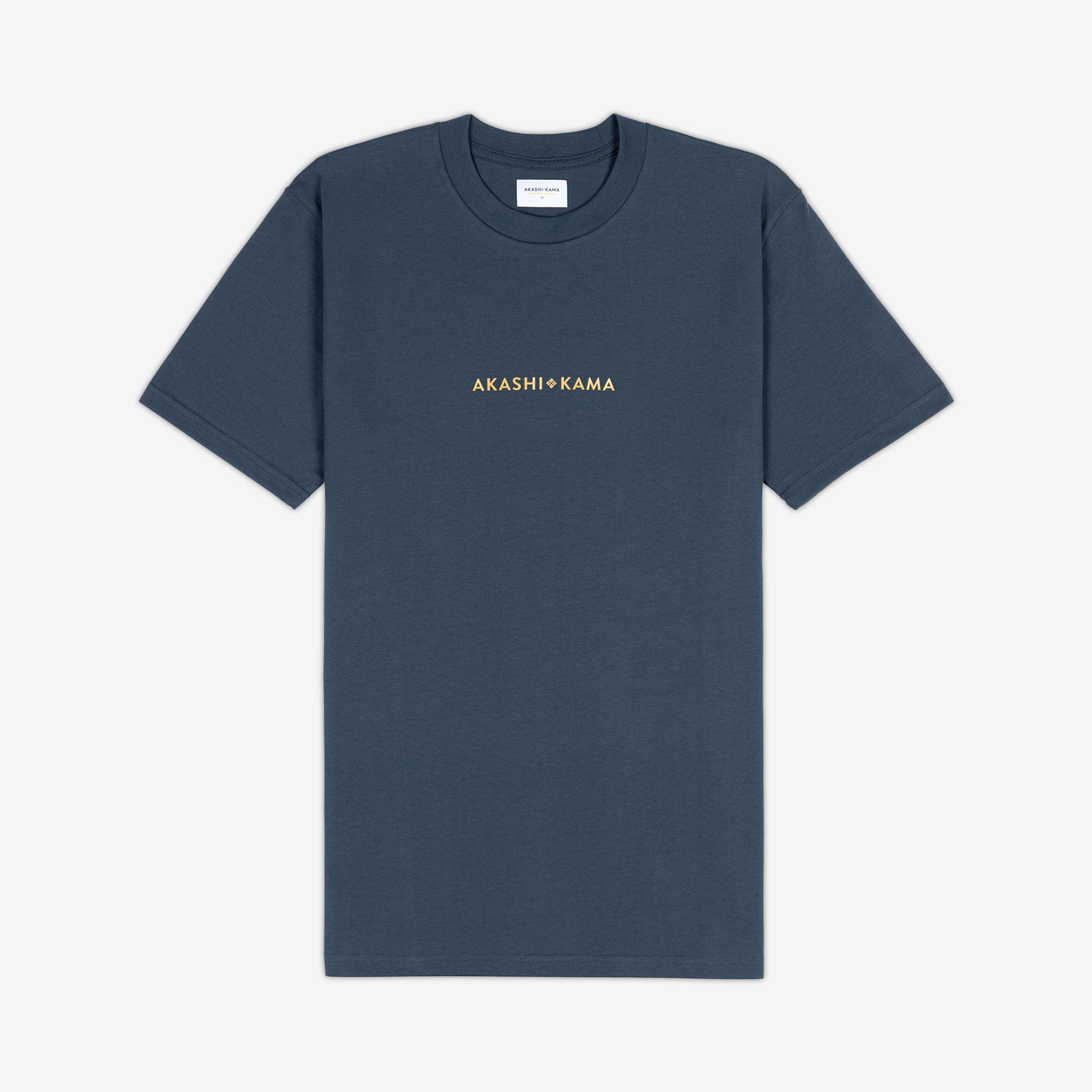 AKASHI-KAMA Metallic Stamped Tee in Koi Blue with gold 3D texture chest logo