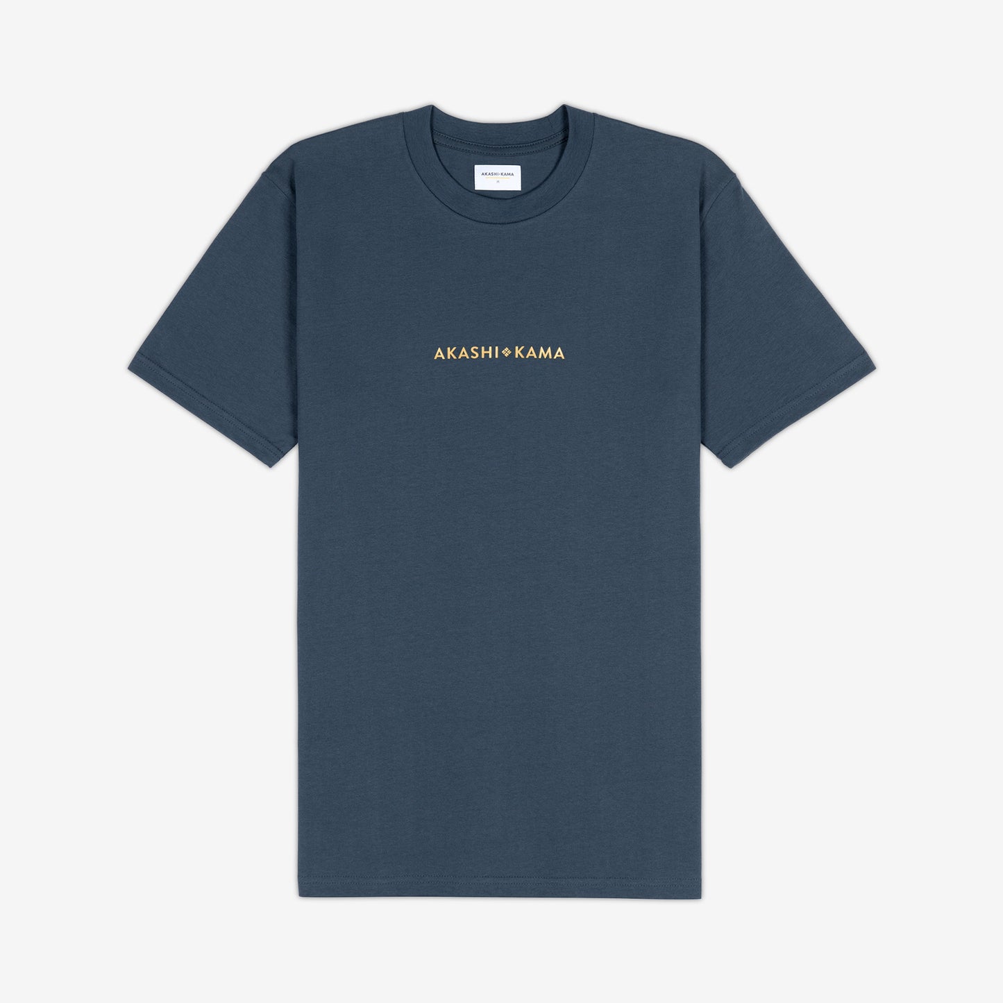 AKASHI-KAMA Metallic Stamped Tee in Koi Blue with gold 3D texture chest logo