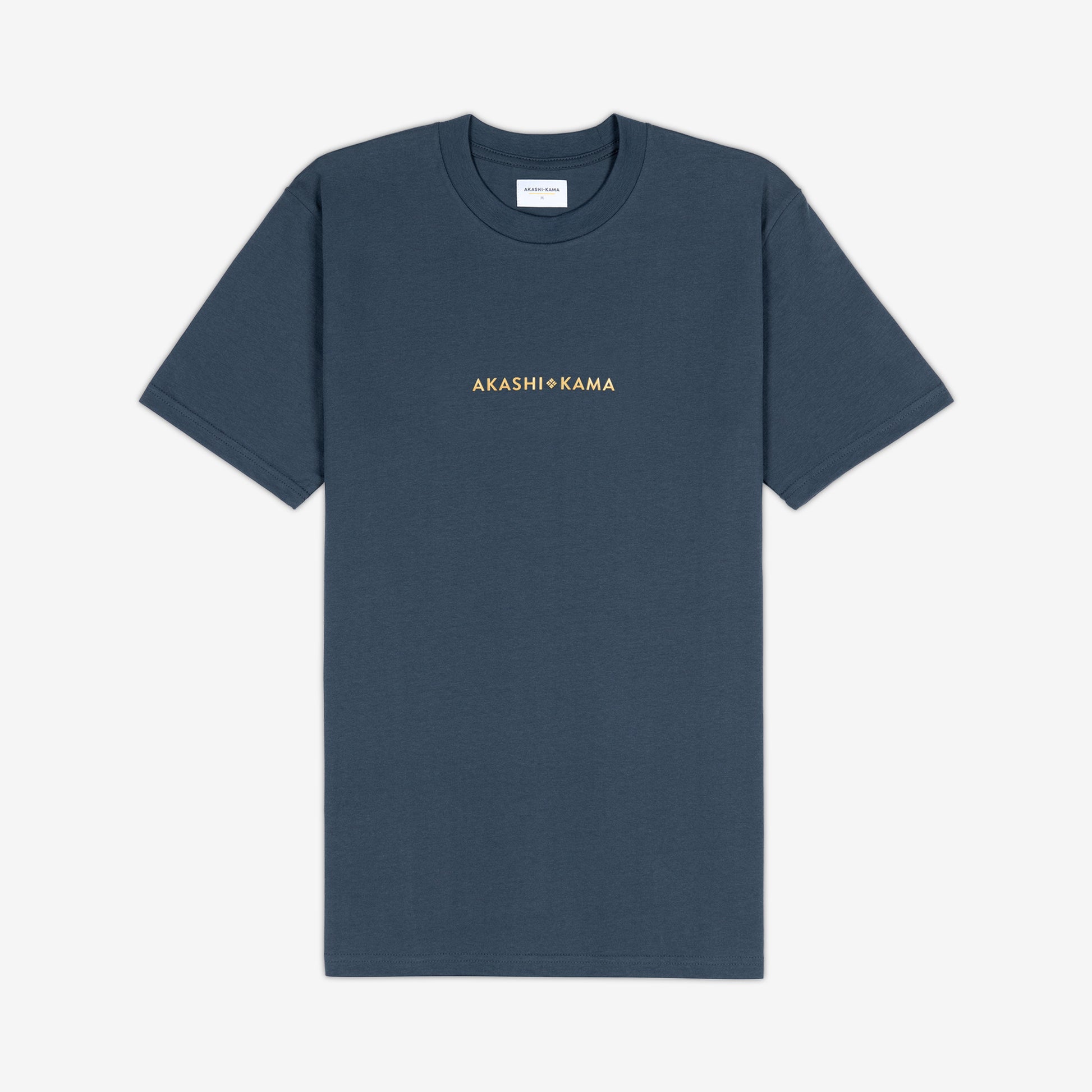 AKASHI-KAMA Metallic Stamped Tee in Koi Blue with gold 3D texture chest logo