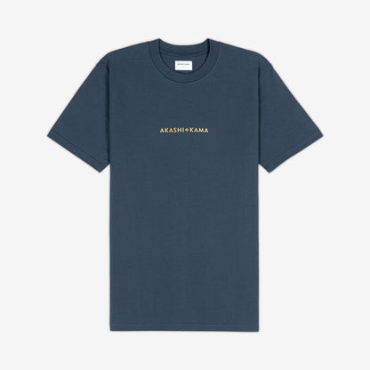 AKASHI-KAMA Metallic Stamped Tee in Koi Blue with gold 3D texture chest logo