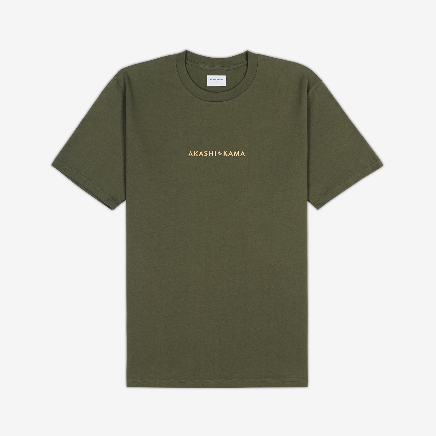 AKASHI-KAMA Metallic Stamped Tee in Olive with gold 3D texture chest logo