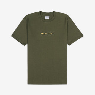 AKASHI-KAMA Metallic Stamped Tee in Olive with gold 3D texture chest logo