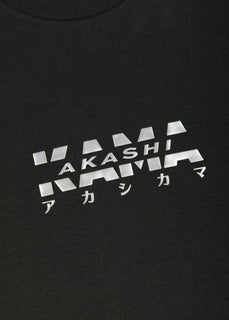 Metallic silver 3D silicon track logo on AKASHI-KAMA Charcoal tee
