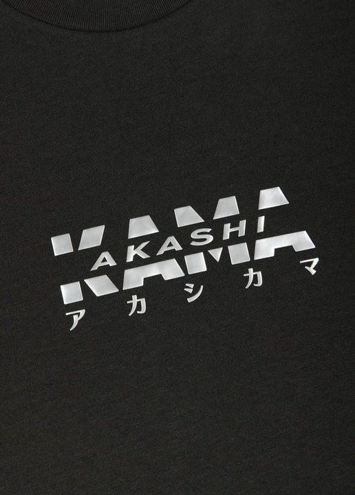 Metallic silver 3D silicon track logo on AKASHI-KAMA Charcoal tee
