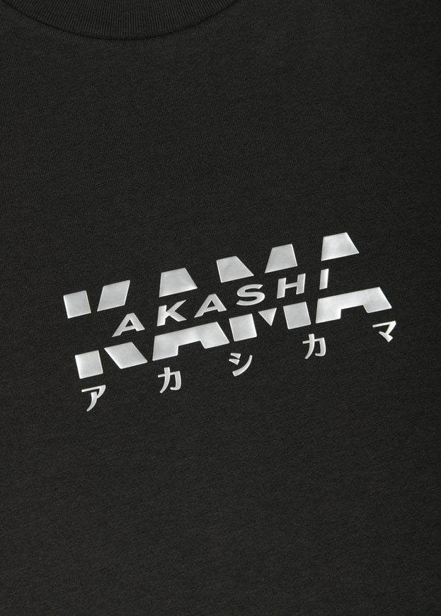 Metallic silver 3D silicon track logo on AKASHI-KAMA Charcoal tee
