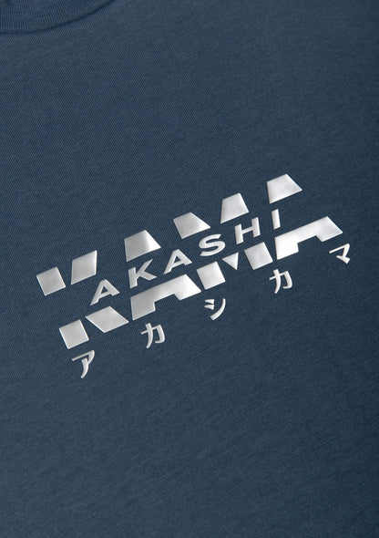 Metallic silver 3D silicon track logo on AKASHI-KAMA Koi Blue tee