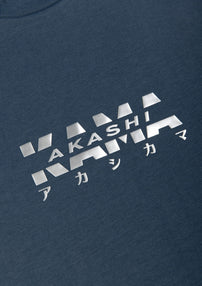 Metallic silver 3D silicon track logo on AKASHI-KAMA Koi Blue tee