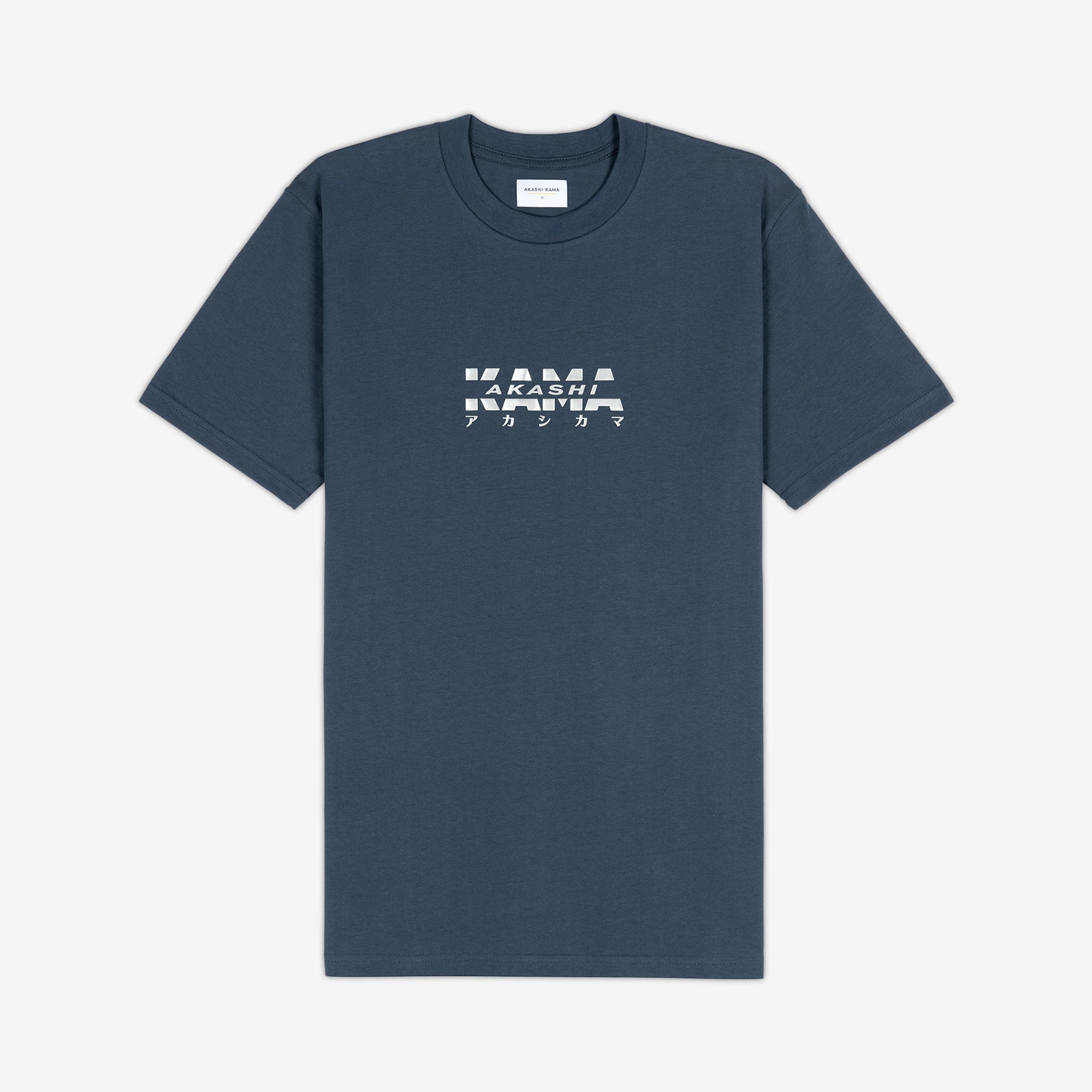 AKASHI-KAMA Metallic Track Tee in Koi Blue with silver 3D texture chest logo
