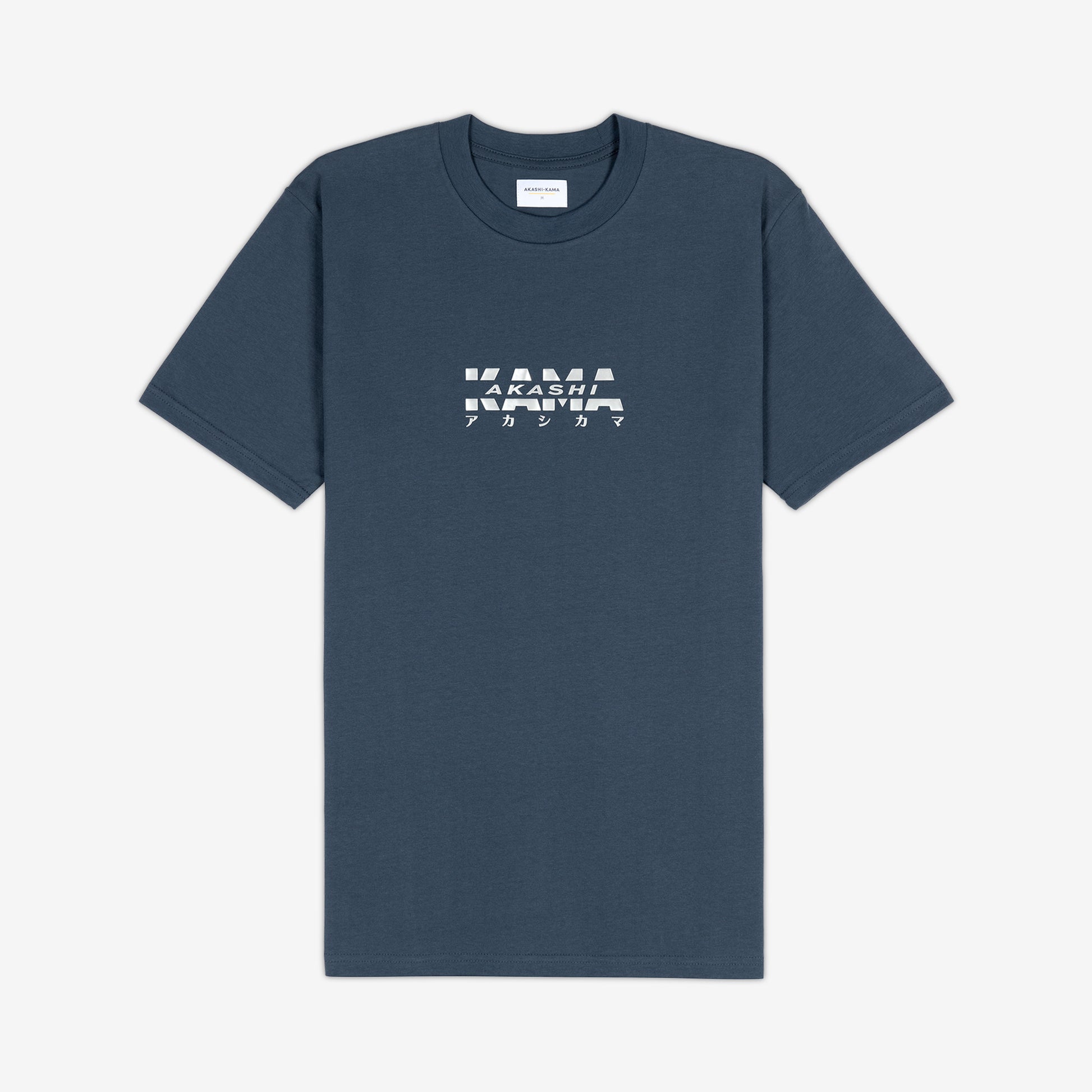 AKASHI-KAMA Metallic Track Tee in Koi Blue with silver 3D texture chest logo