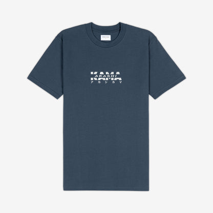 AKASHI-KAMA Metallic Track Tee in Koi Blue with silver 3D texture chest logo