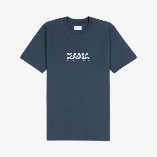 AKASHI-KAMA Metallic Track Tee in Koi Blue with silver 3D texture chest logo