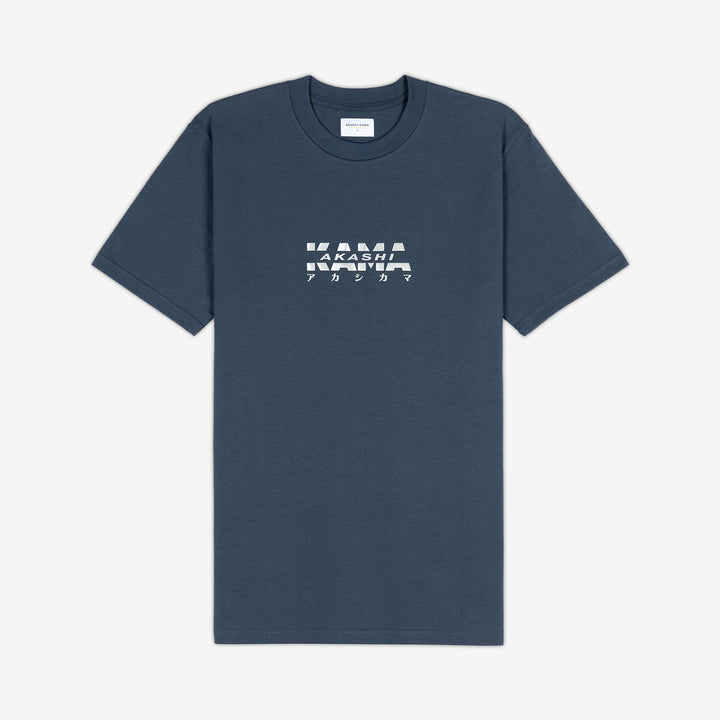 AKASHI-KAMA Metallic Track Tee in Koi Blue with silver 3D texture chest logo