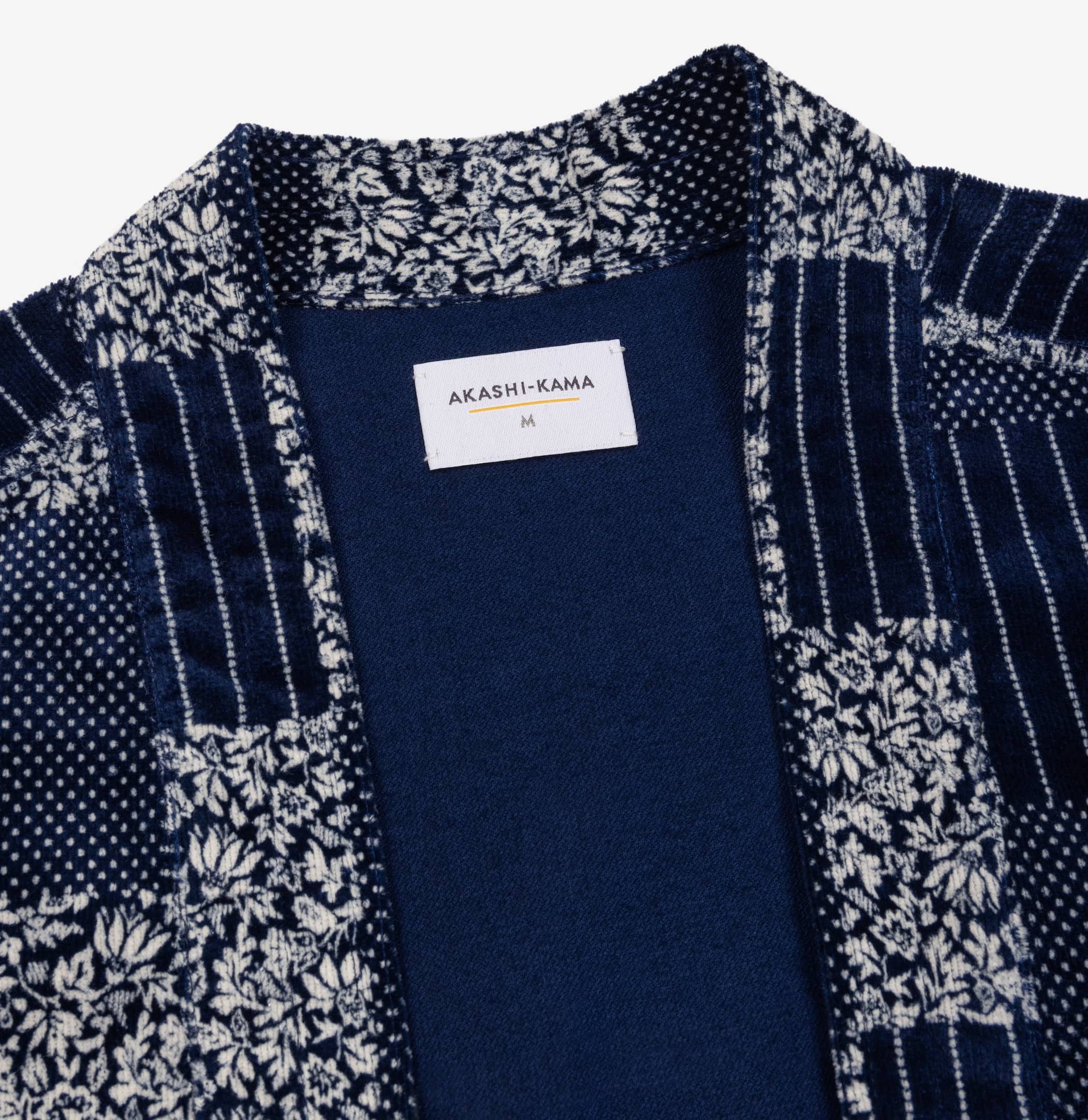 AKASHI-KAMA Japanese Indigo Corduroy Noragi Jacket | Streetwear Kimono Patchwork Style Shirt