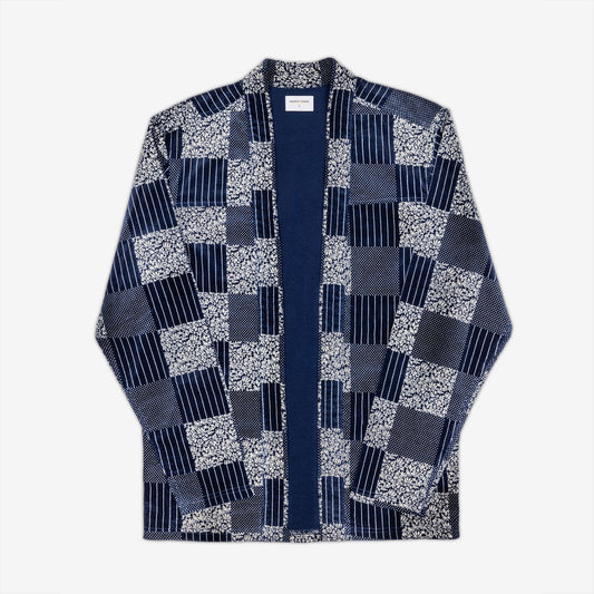 AKASHI-KAMA Indigo Corduroy Patchwork Noragi Jacket | Japanese Streetwear Kimono Shirt Pocket Style