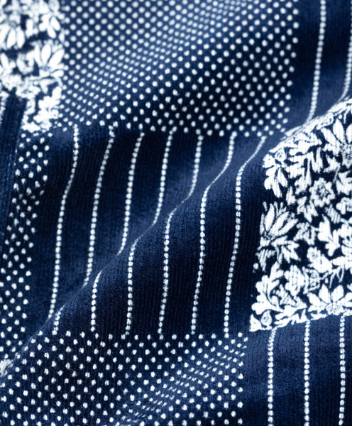 Japanese Indigo Patchwork Noragi Jacket Style | Corduroy Kimono Shirt AKASHI-KAMA Streetwear