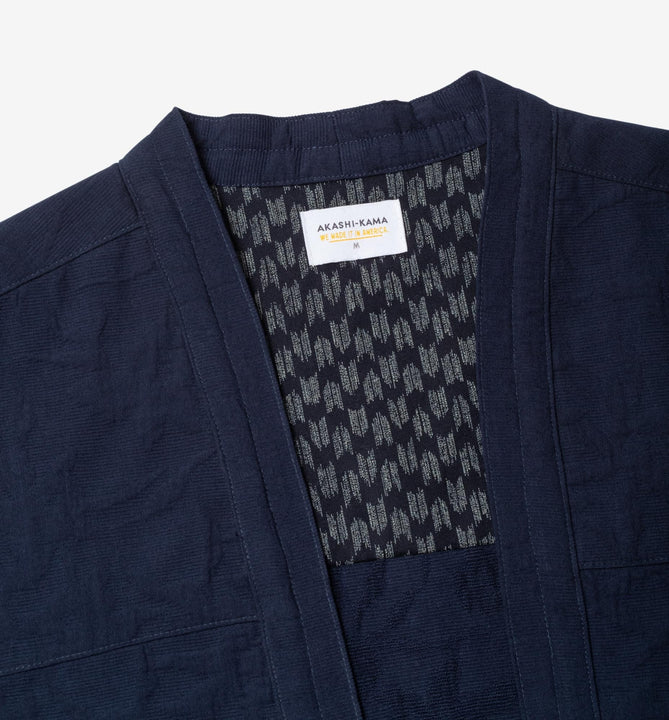 AKASHI-KAMA Japanese Indigo Hyōgo Weave Noragi Jacket | Kimono Style Streetwear Shirt