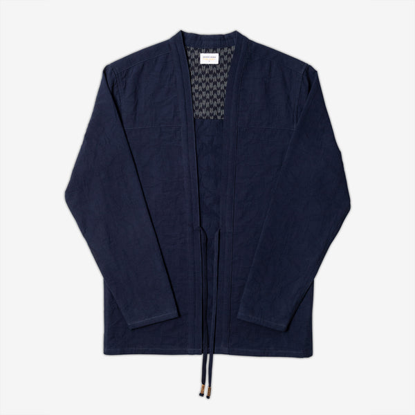 AKASHI-KAMA Indigo Hyōgo Weave Noragi Jacket | Japanese Streetwear Kimono Shirt