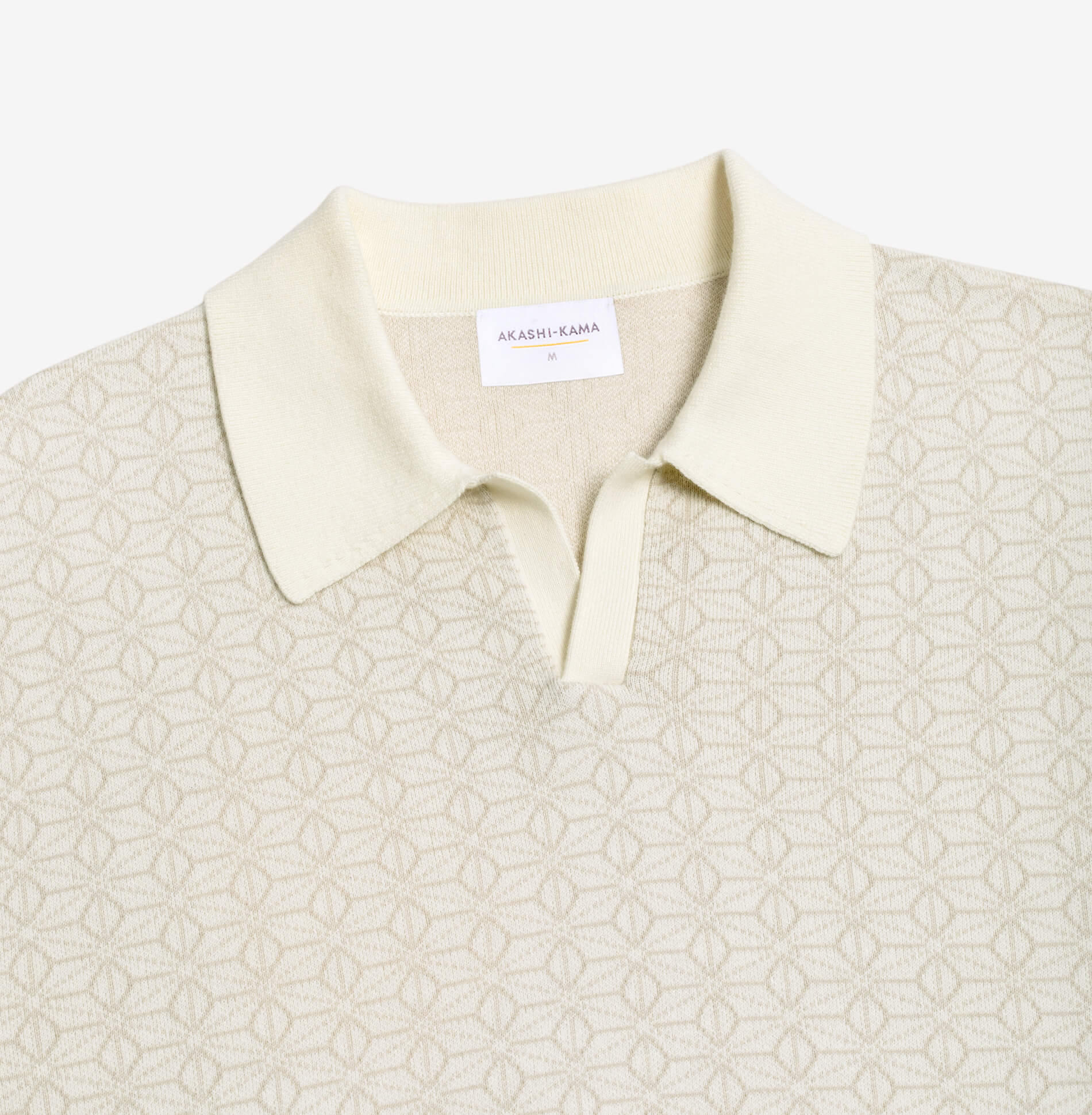 Japanese Asanoha Pattern Ojii Off-white Knit Polo | AKASHI KAMA Knitwear