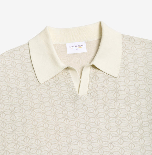 Japanese Asanoha Pattern Ojii Off-white Knit Polo | AKASHI KAMA Knitwear