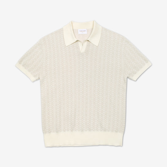 AKASHI-KAMA Ojii Knit Polo Shirt in Off White Asanoha | Japanese Pattern Knitwear