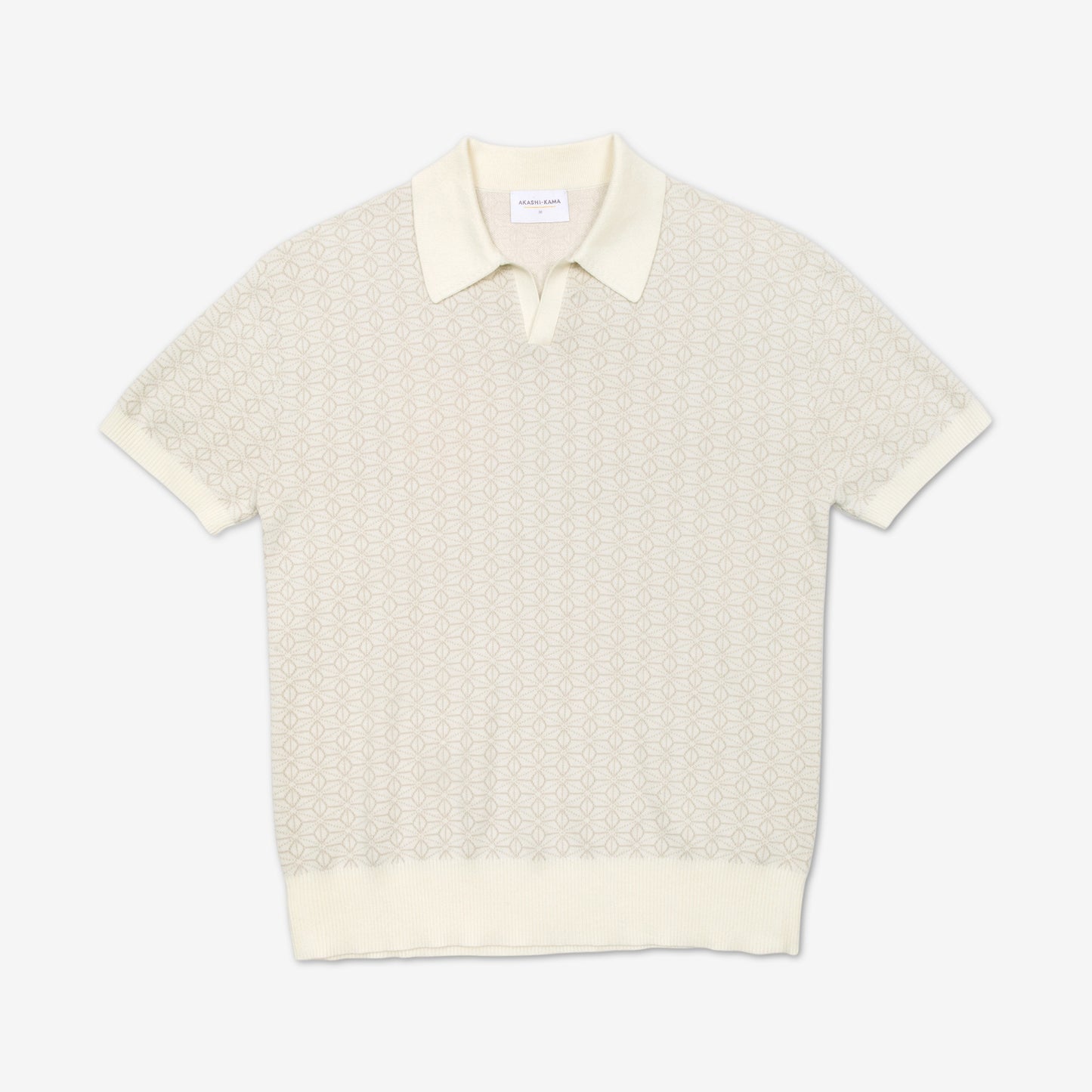 AKASHI-KAMA Ojii Knit Polo in Off-white Asanoha | Japanese Pattern Knitwear