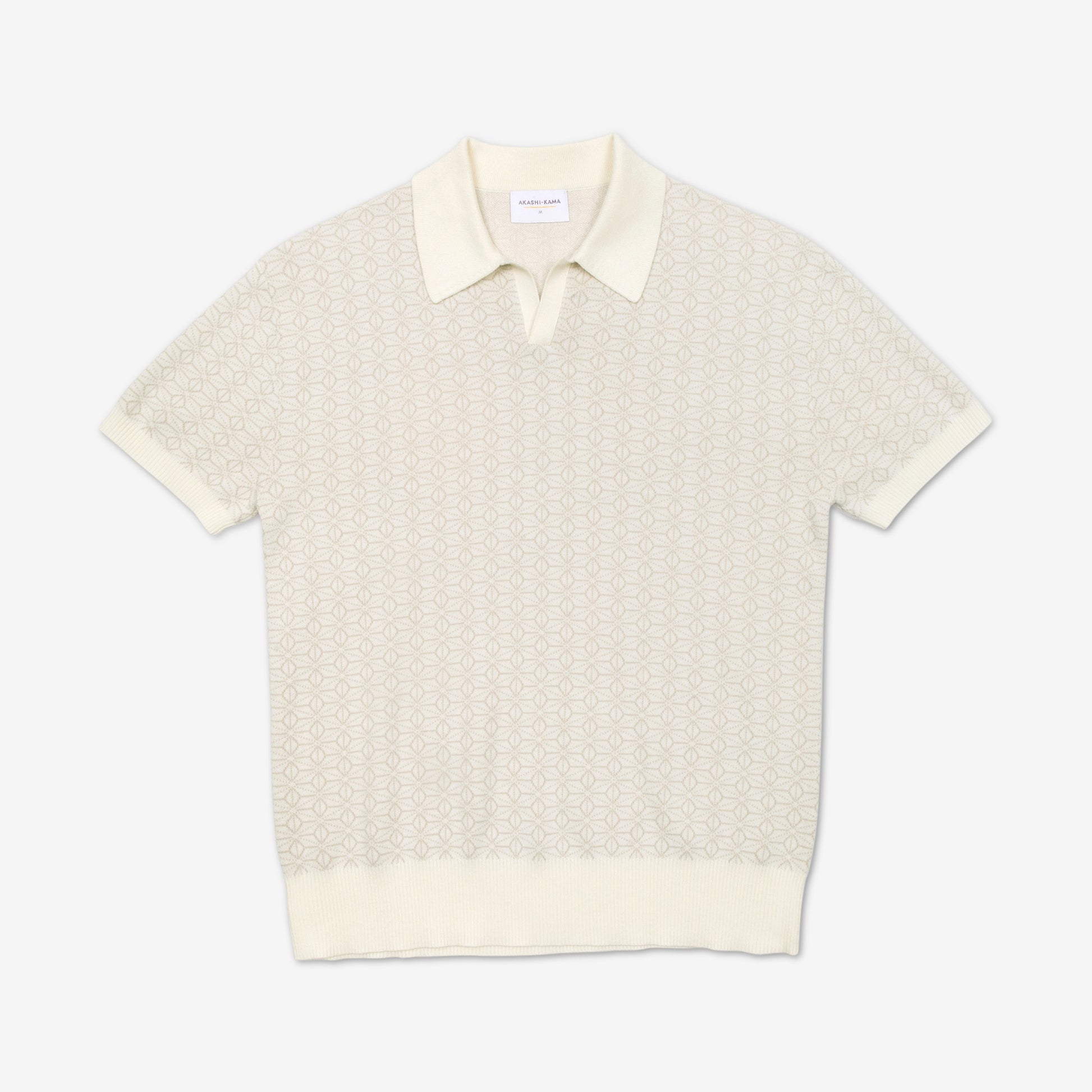 AKASHI-KAMA Ojii Knit Polo in Off-white Asanoha | Japanese Pattern Knitwear