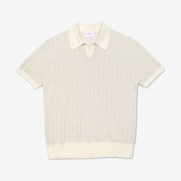 AKASHI-KAMA Ojii Knit Polo in Off-white Asanoha | Japanese Pattern Knitwear