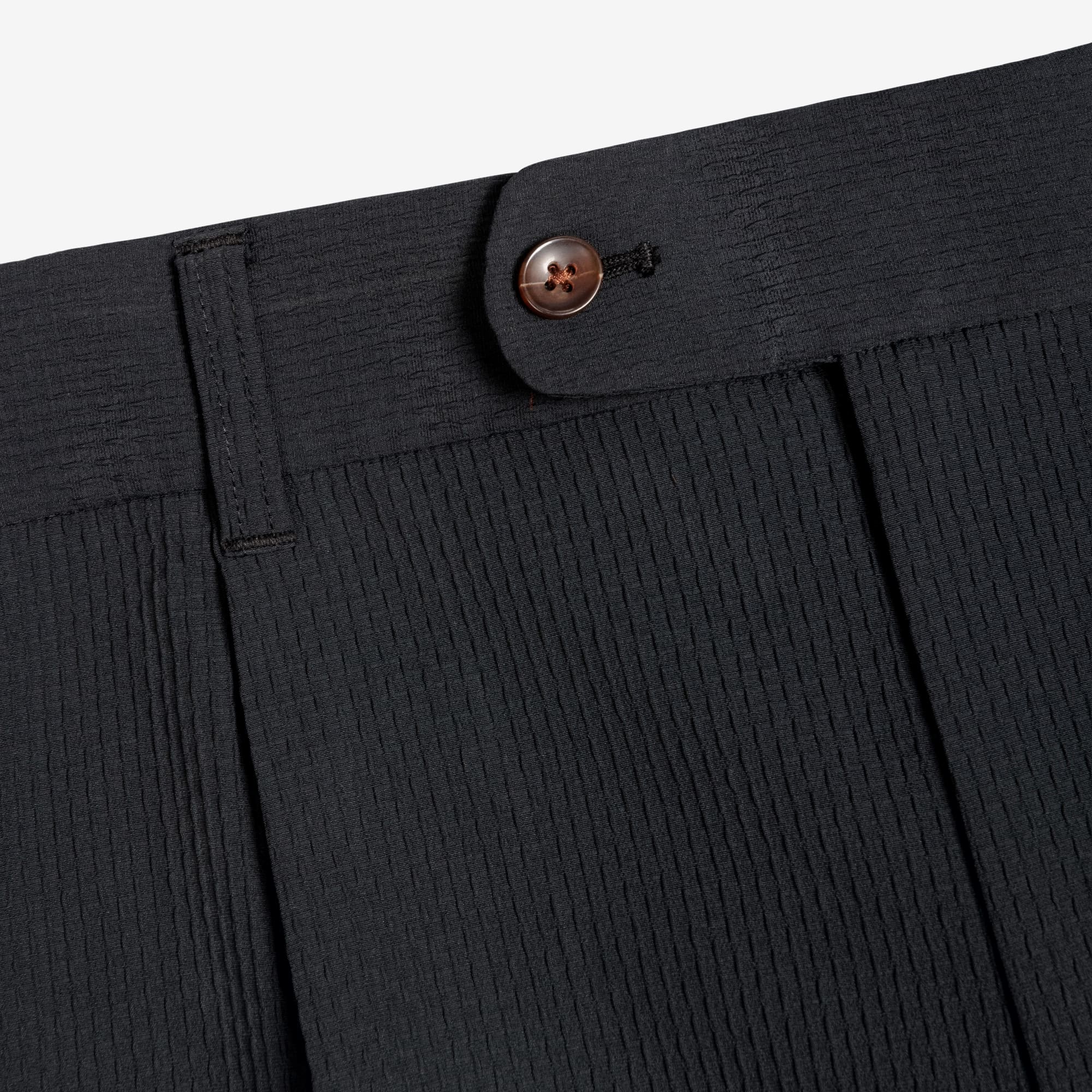 Akashi Kama Japanese Sashiori Pleated Pants button closure and textured black waistband
