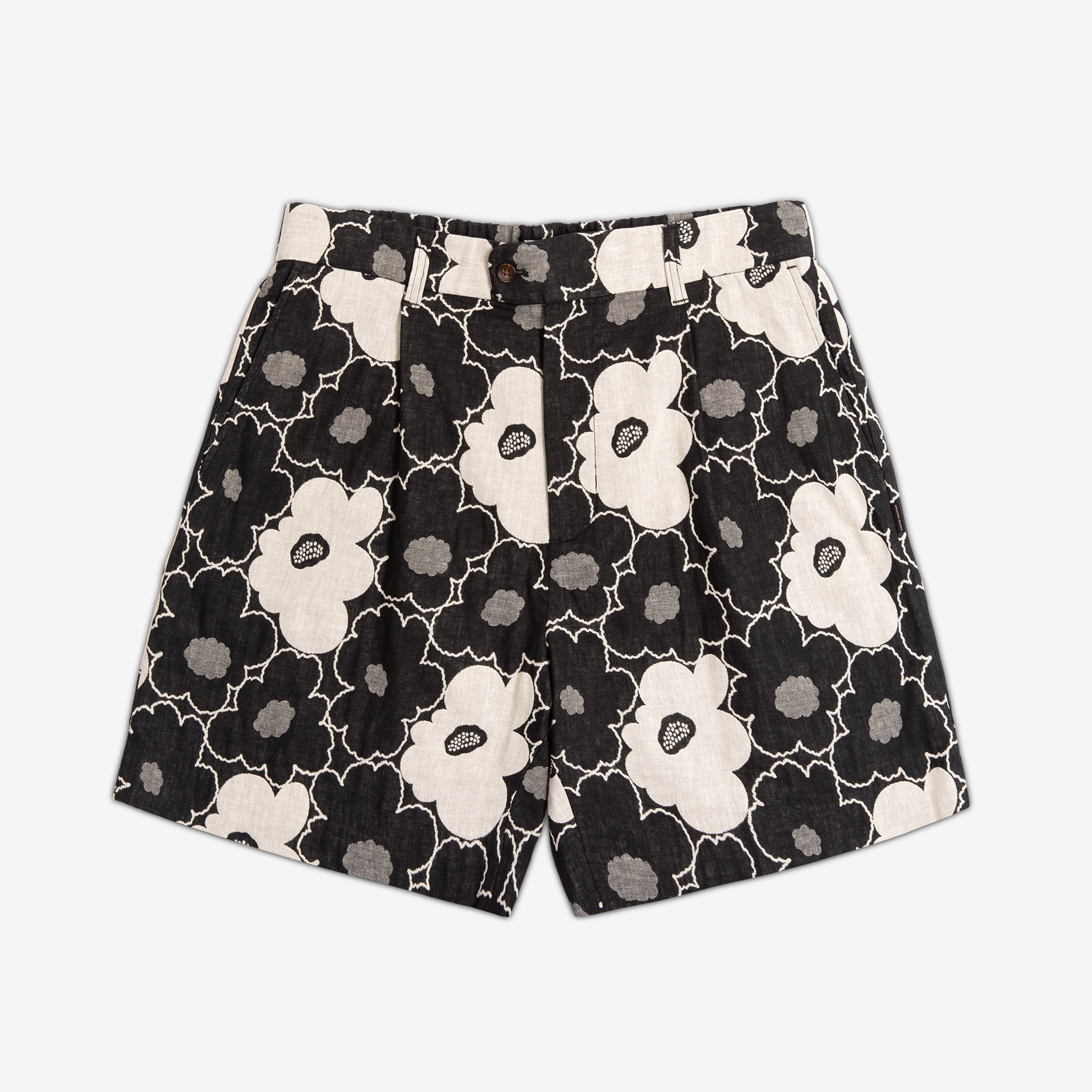 AKASHI-KAMA Pleated Shorts in black Hana Jacquard floral cotton fabric