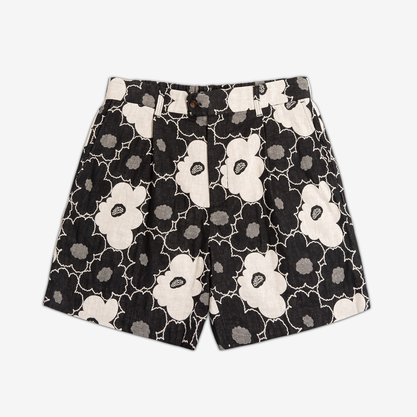 AKASHI-KAMA Pleated Shorts in black Hana Jacquard floral cotton fabric
