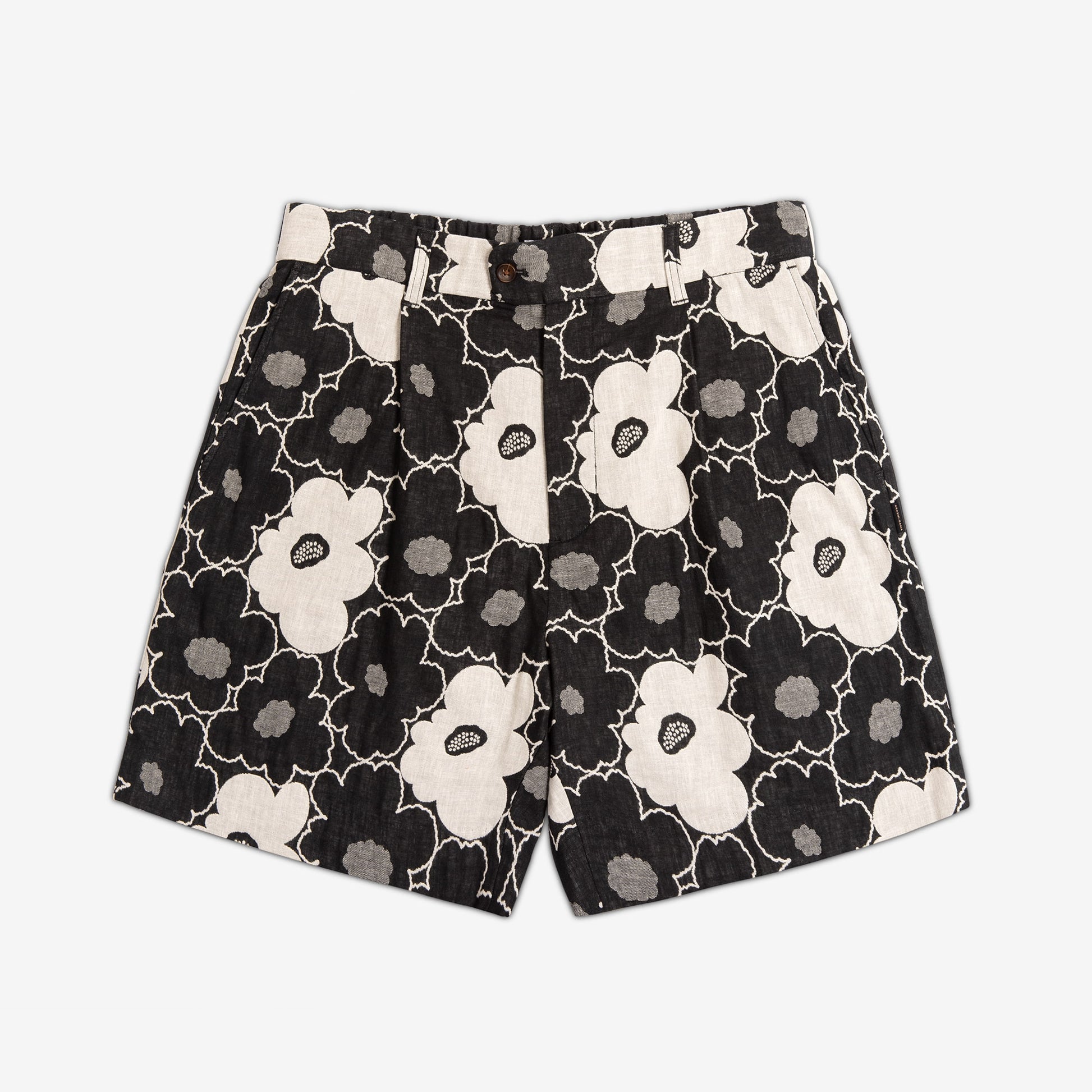 AKASHI-KAMA Pleated Shorts in black Hana Jacquard floral cotton fabric