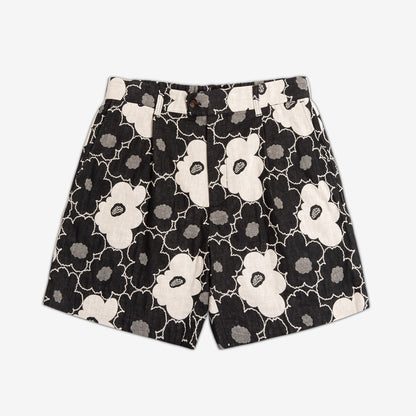 AKASHI-KAMA Pleated Shorts in black Hana Jacquard floral cotton fabric