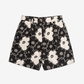 AKASHI-KAMA Pleated Shorts in black Hana Jacquard floral cotton fabric