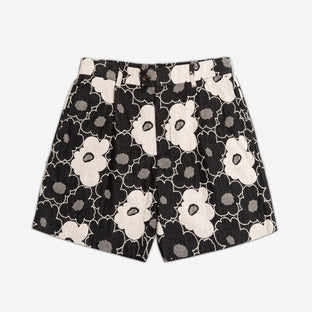 AKASHI-KAMA Pleated Shorts in black Hana Jacquard floral cotton fabric