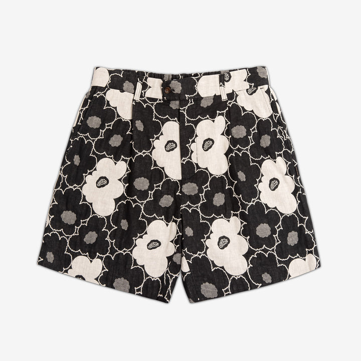 AKASHI-KAMA Pleated Shorts in black Hana Jacquard floral cotton fabric