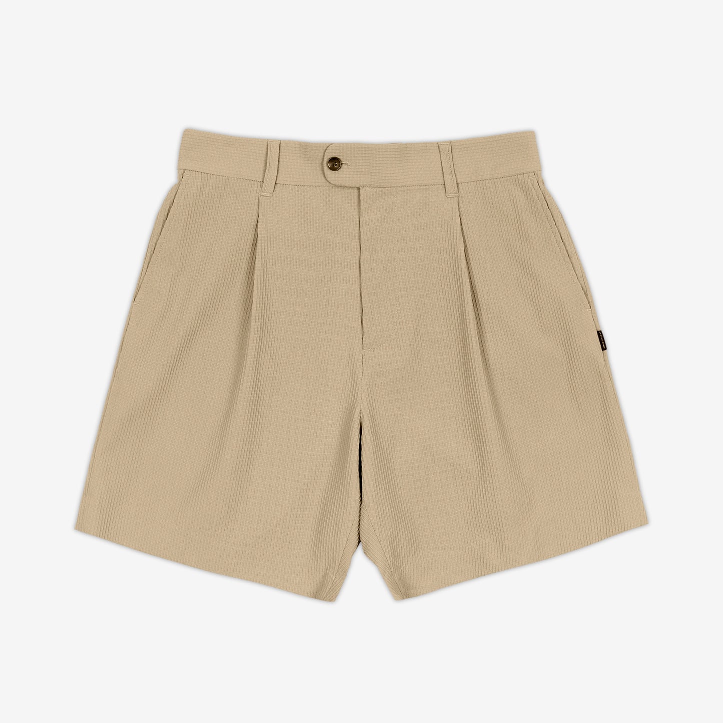 AKASHI-KAMA Pleated Shorts in Technical Sashi Clay with textured beige Japanese fabric