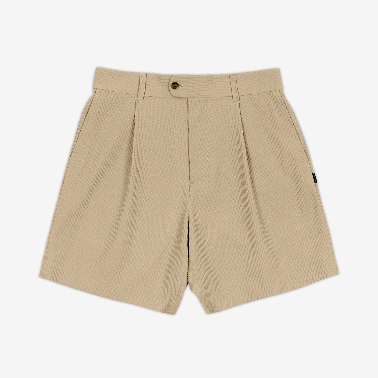 AKASHI-KAMA Pleated Shorts in Technical Sashi Clay with textured beige Japanese fabric