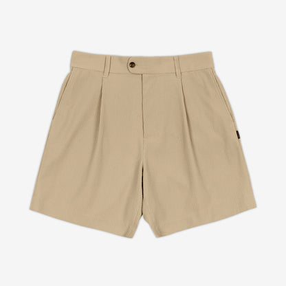 AKASHI-KAMA Pleated Shorts in Technical Sashi Clay with textured beige Japanese fabric