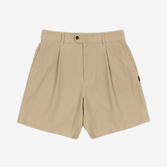 AKASHI-KAMA Pleated Shorts in Technical Sashi Clay with textured beige Japanese fabric