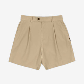AKASHI-KAMA Pleated Shorts in Technical Sashi Clay with textured beige Japanese fabric