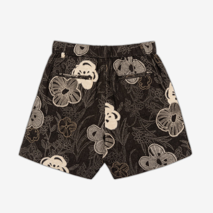 AKASHI-KAMA Floral Jacquard pleated shorts with elastic waistband and back pockets