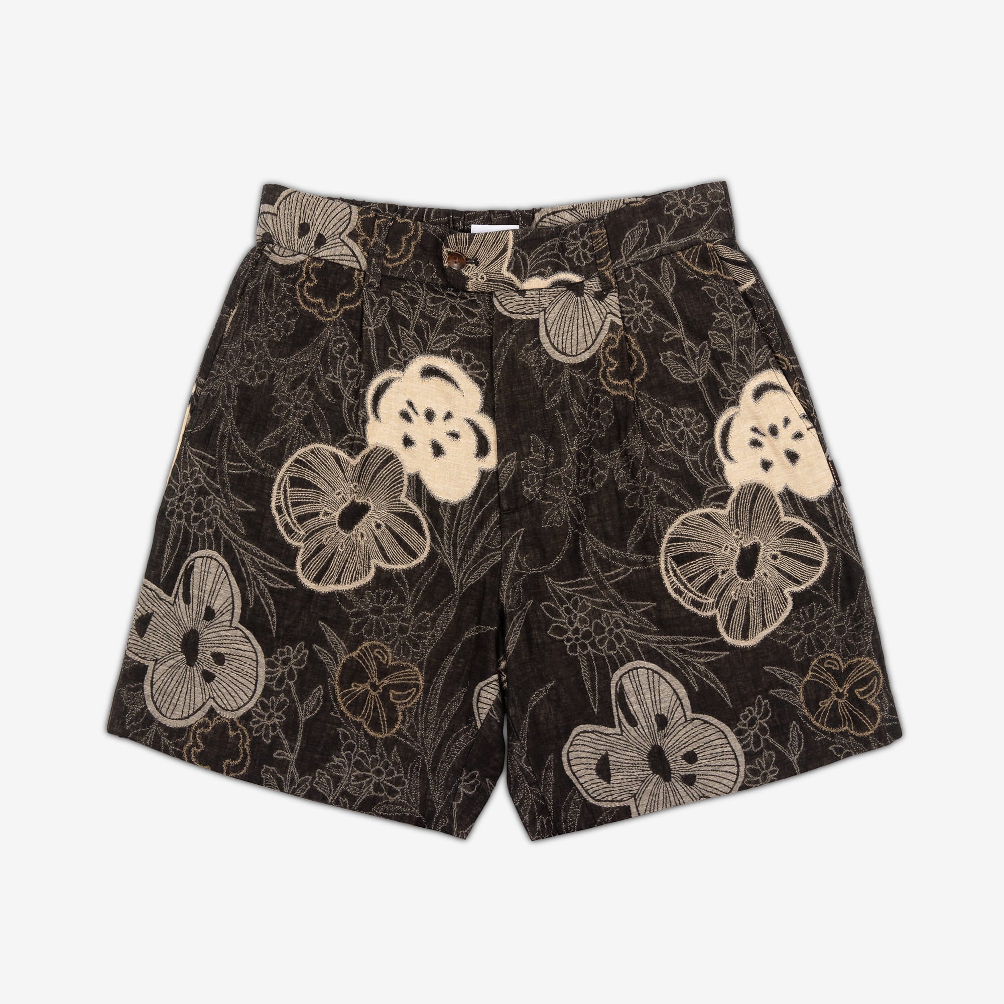 AKASHI-KAMA Pleated Shorts in Ume Jacquard with Japanese floral cotton pattern